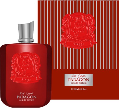 A red perfume bottle with a silver cap and a matching red box, both feature a lion crest symbol.