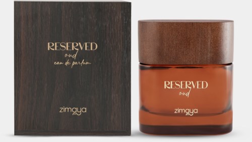 Brązowa butelka perfum z pasującym pudełkiem z teksturą drewna, oznakowane "RESERVED" i "zimaya", elegancki i prosty design.