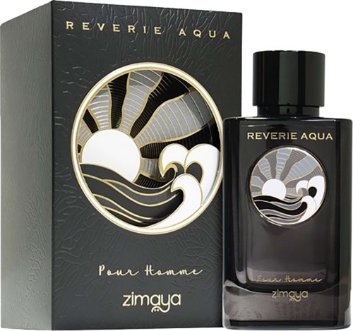 En sort parfægflaske og æske med guld og hvidt kunstværk, mærket Zimaya og produktnavnet Reverie Aqua.