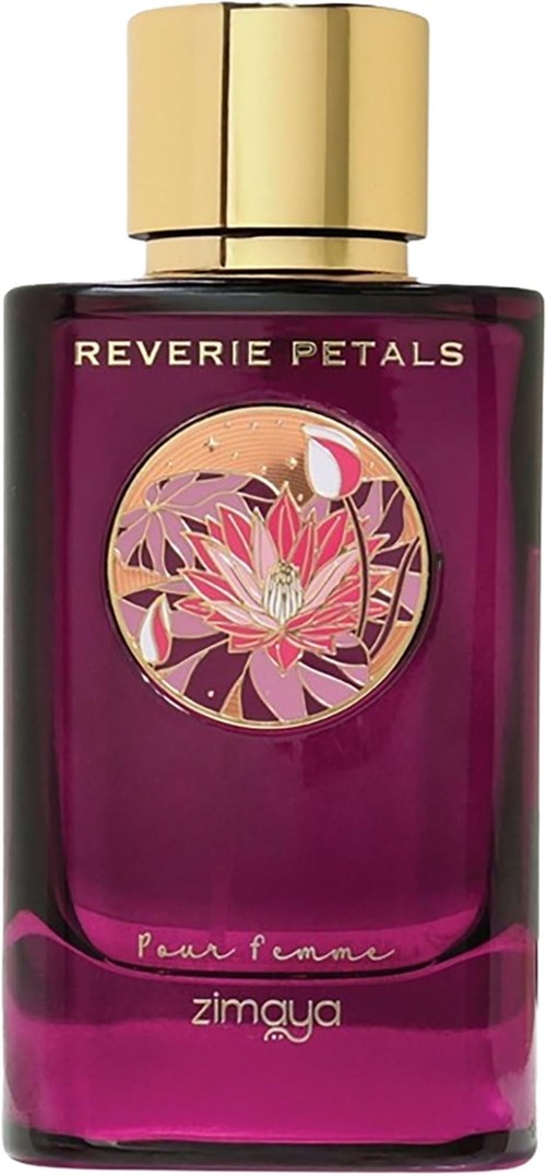 A purple perfume bottle with a gold cap, decorated with a lotus flower illustration, labeled 'Reverie Petals' and 'Pour Femme'.