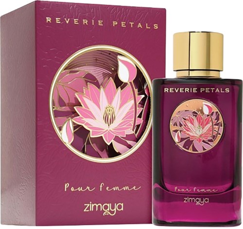 A purple perfume bottle with a gold cap and a branded box featuring a pink lotus flower and gold accents.