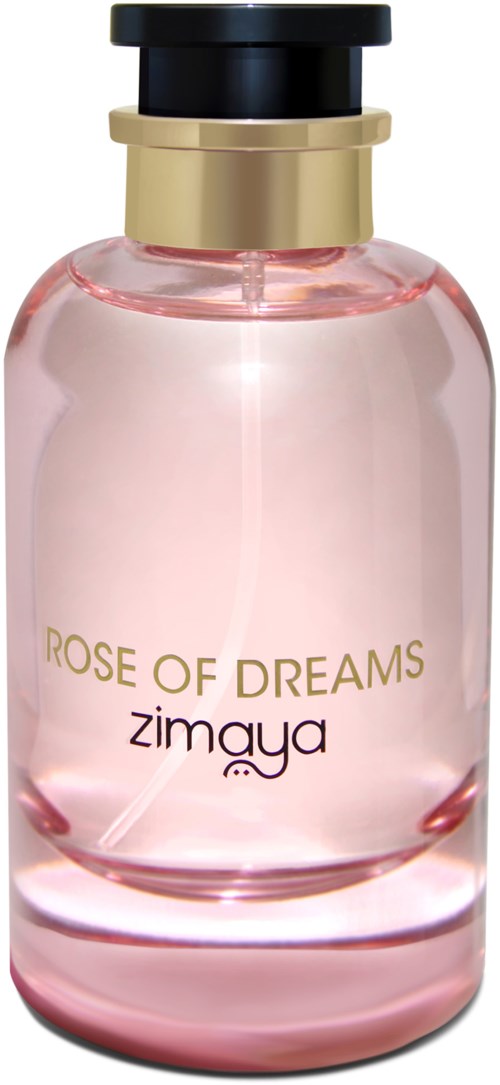 A pink perfume bottle with a black and gold cap, labeled 'Rose of Dreams' by Zimaya.