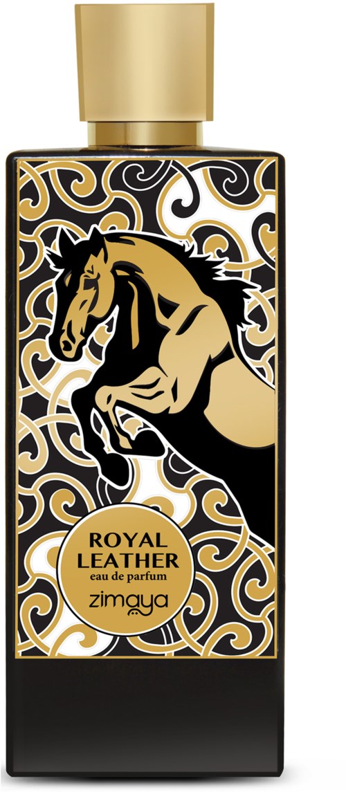 A perfume bottle with a black, gold, and white design featuring a rearing horse and swirling patterns.