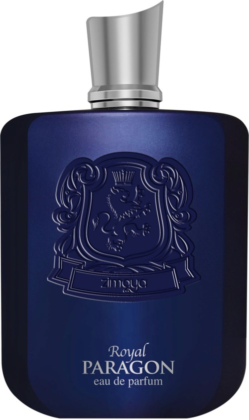 Mørk blå parfymeflaske med sølvhette, preget segl med løve, teksten 'Royal Paragon eau de parfum'.