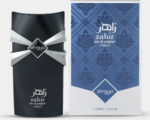 Butelka perfum i opakowanie Zahir Cobalt w czarno-białoniebieskiej kolorystyce z tekstami po arabsku i angielsku.