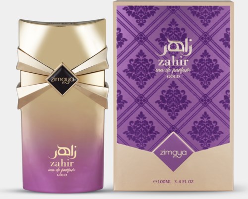 A perfume bottle and box with gold and purple colors, labeled 'Zahir' by Zimaya, with floral patterns.
