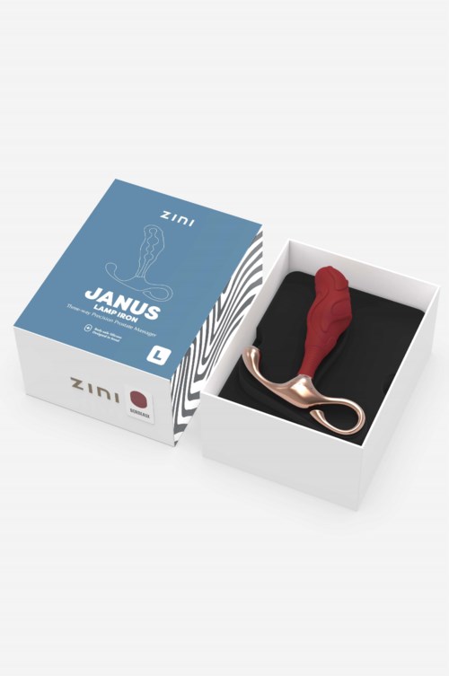 A small box with a blue and white design holds a red and pink object, possibly a personal or decorative item.