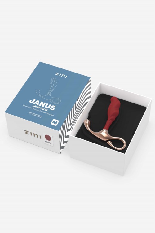 En æske indeholder et legeredskab med rød håndtag, lavet af metal, med mærke for JANUS og Zini på æsken.