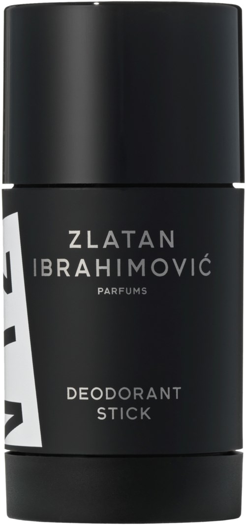 En svart deodorantstick med vit text som visar namnet Zlatan Ibrahimović och produktdetaljer.