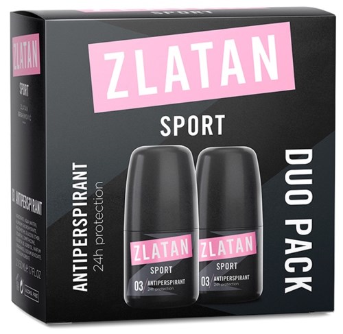Boksen innehåller två ZLATAN Sport-deodoranter med 24 timmars skydd. Svarta flaskor har rosa etiketter med ZLATAN och SPORT.
