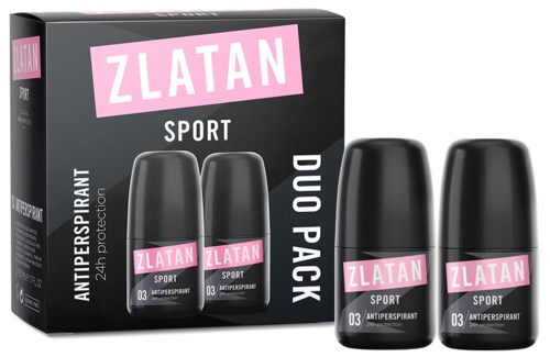 En förpackning med två svarta deodorantflaskor märkta 'Zlatan Sport'. Förpackningen är mestadels svart och rosa.