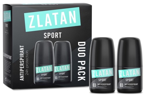 Laatikko, jossa on kaksi mustaa deodoranttipulloa, joissa lukee 'ZLATAN SPORT' vaaleansinisellä ja valkoisella.