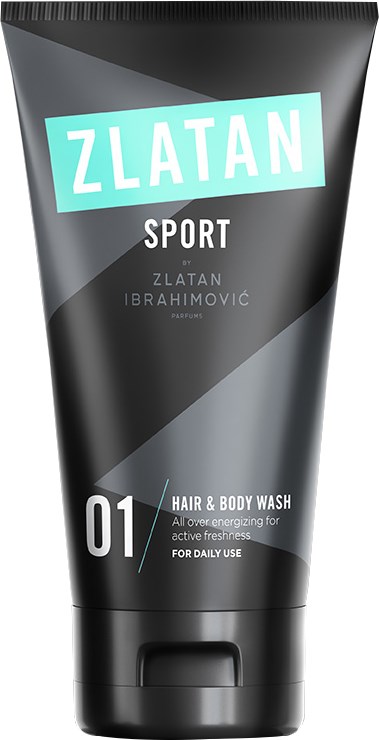 Eine schwarze Tube mit ZLATAN SPORT, ein Haar- und Körperwaschmittel für den täglichen Gebrauch, für aktive Frische von Zlatan Ibrahimović.