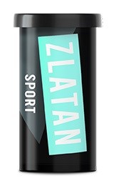 En svart behållare med en teal etikett som säger "ZLATAN SPORT."