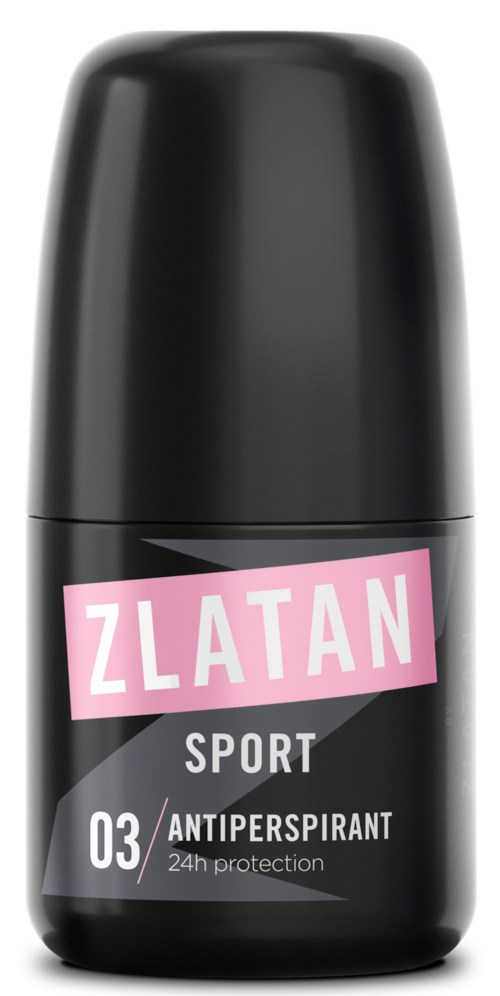 En svart rullande deodorantflaska med en rosa och grå etikett, som säger 'ZLATAN SPORT 03 ANTYPERSPIRANT, 24 timmars skydd.'