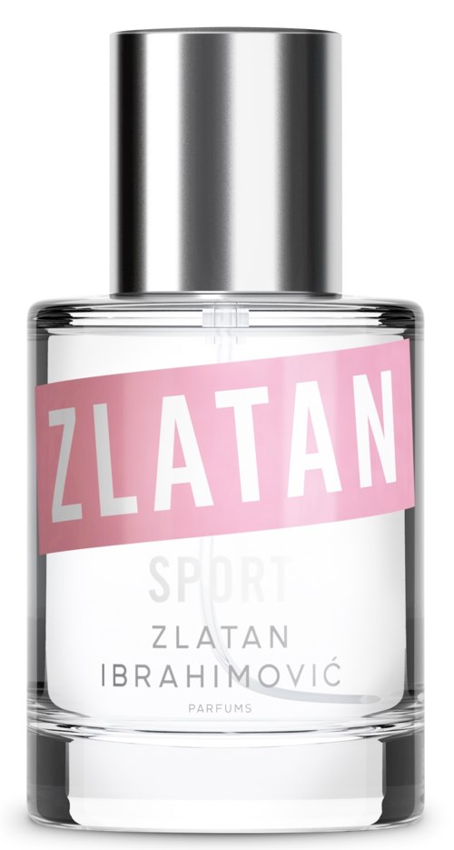 En tydlig parfymflaska med silverkork, märkt "Zlatan" i stort rosa text och "Sport" nedan.