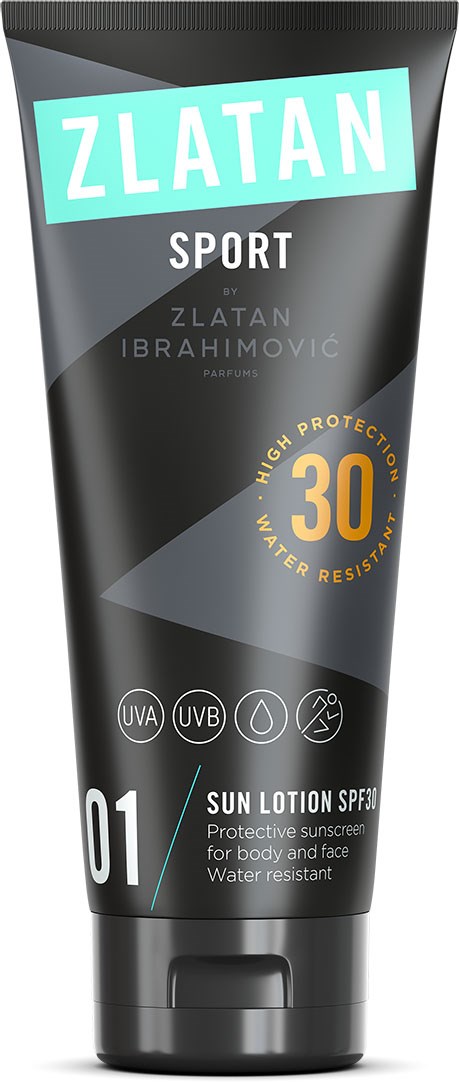Svart tub med solkräm med blå och gula etiketter, nämner SPF 30 och skyddsfunktioner.
