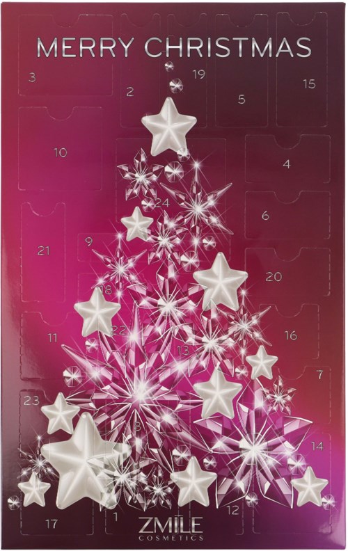 En rosa bakgrund med en julgran gjord av vita stjärnor och glittrande ljus. Orden "Merry Christmas" är högst upp.