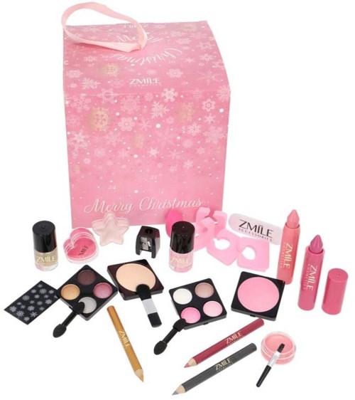 Eine rosa Geschenkbox mit Weihnachts-Make-up inklusive Lipgloss, Rouge, Lidschatten, Pinseln und kleinen dekorativen Sternen.
