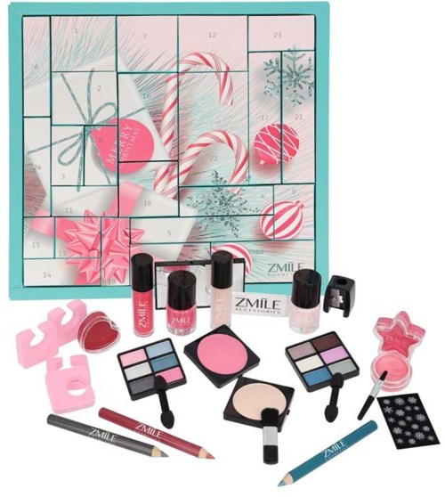 Adventskalender med rosa skönhetsprodukter och makeupartiklar inklusive läppglans, rouge, ögonskugga och borstar.