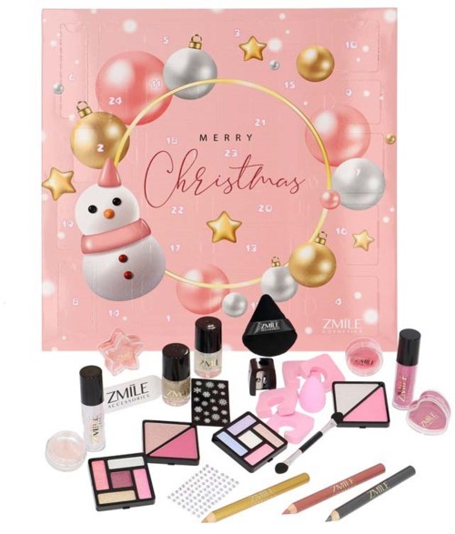Juldekorerade smink- och skönhetsprodukter med en festlig rosa bakgrund, snögubbe och julhälsning.