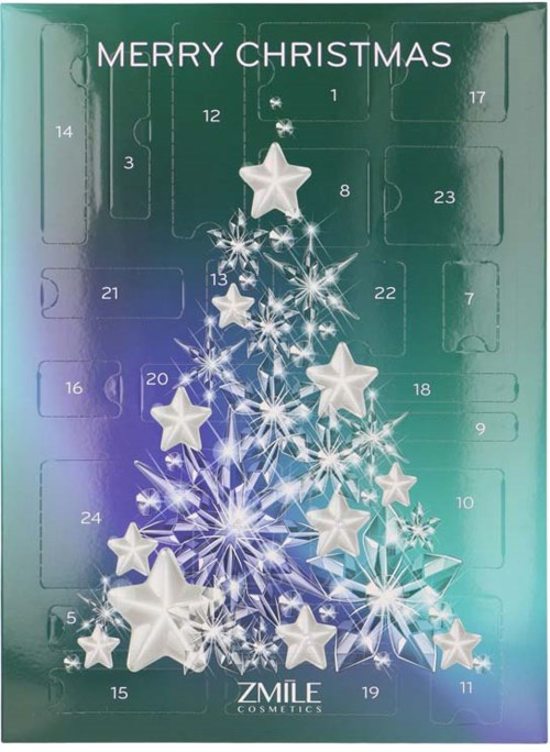 Jul-inspirerad adventskalender med numrerade luckor och snöflingemönster.