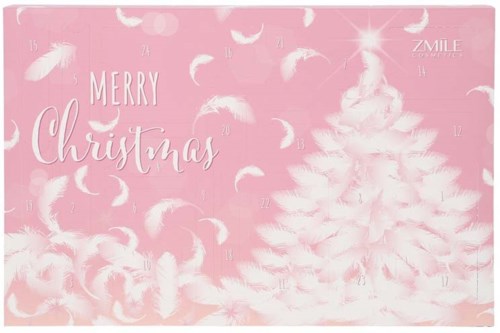 Pink adventskalender med vita fjädrar, fjädrar faller, julgran och orden God Jul.