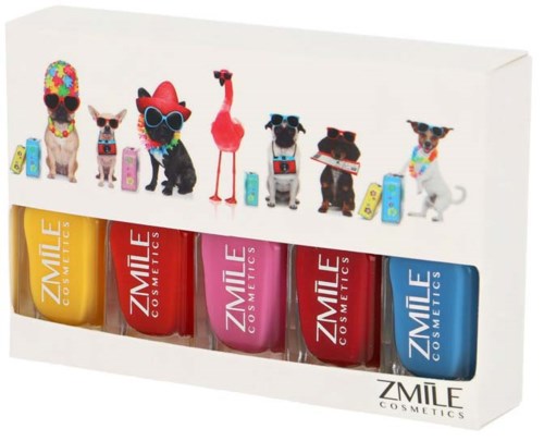 Set of five colorful lip gloss tubes with playful dog and animal illustrations wearing sunglasses and accessories.