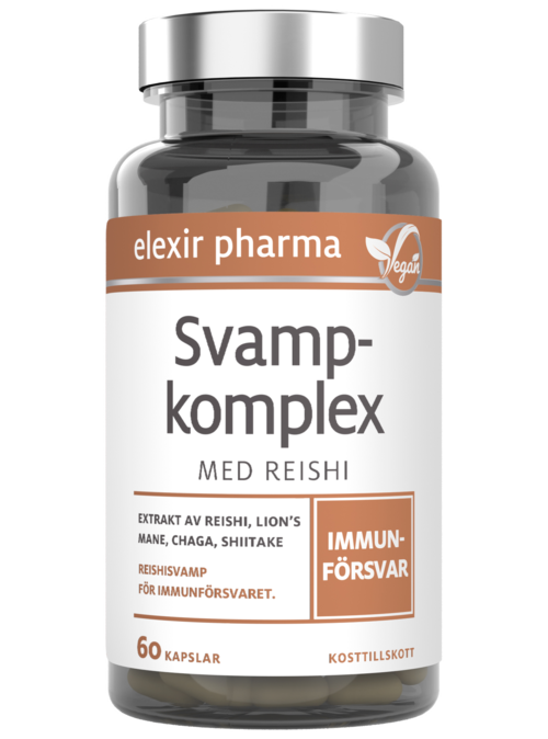 En kosttillskottsflaska märkt "Swamp-Complex med Reishi" från Elexir Pharma, för immunstöd, innehåller 60 kapslar.