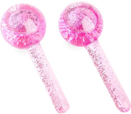 Två rosa glitterstavar med runda toppar visas. De glittrar och används troligtvis för dekoration eller lek.