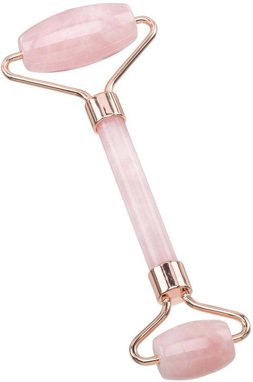 Rosa jade roller, jossa on kahva ja kaksi rullaavaa päätä kasvojen hierontaan.