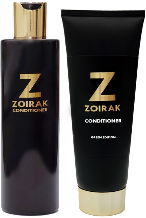 Två svarta flaskor märkta Zoirak conditioner, en med guldkork, står mot en vit bakgrund.