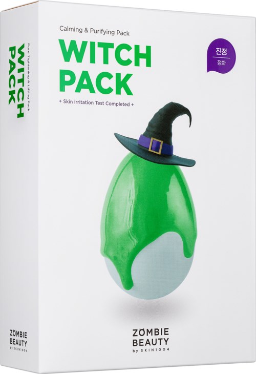 En eske viser et grønt egg med en heksehatt, merket 'Witch Pack', for hudpleie- eller skjønnhetsprodukter, med merkenavn.