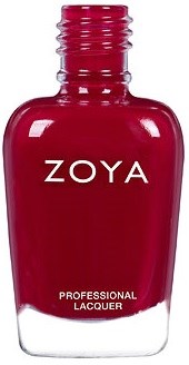 En röd nagellackflaska med märket ZOYA och texten 'Professional Lacquer'.