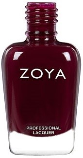 En mörkröd nagellackflaska med vit text: ZOYA och PROFESSIONAL LACQUER.