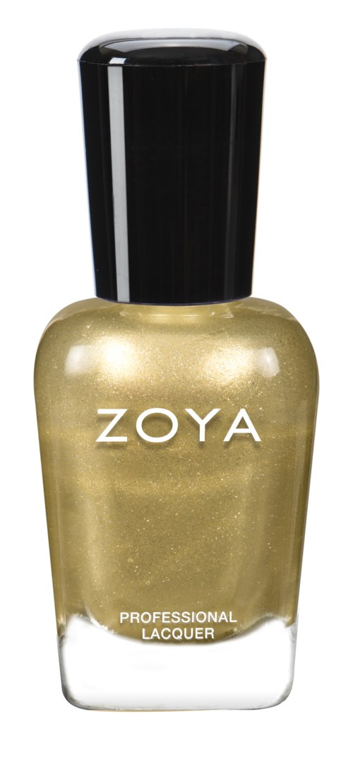En flaska av Zoya professionell lacknagellack i guldfärg med svart lock.