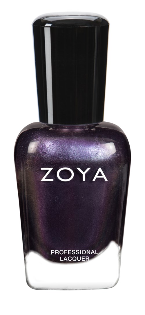 Bilden visar en nagellackflaska i lila och svart med märket ZOYA.
