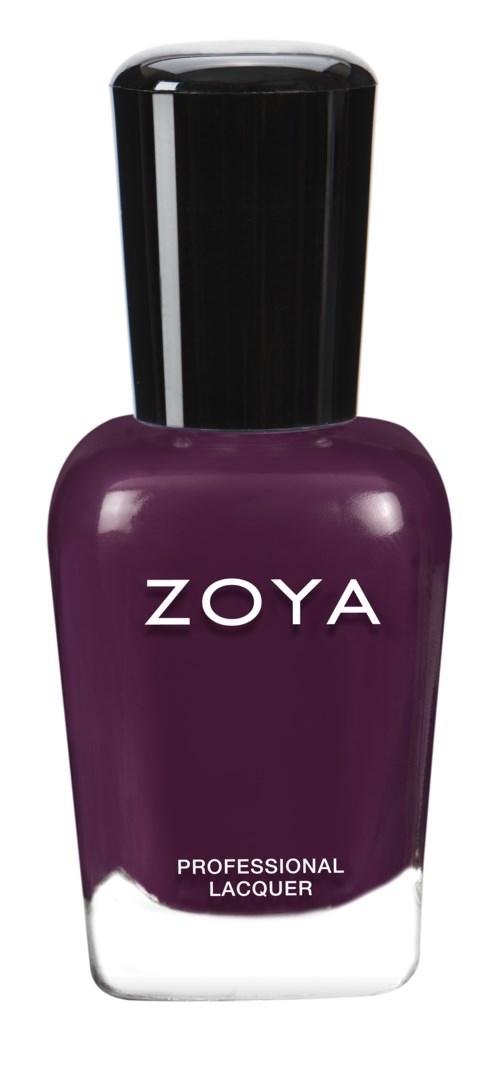 Lila nagellackflaska med svart lock och vit text som säger ZOYA, Professional Lacquer.