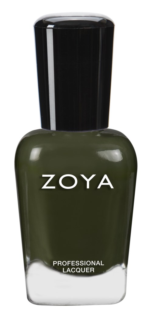 En grön nagellackflaska med svart lock, märkt 'ZOYA' och 'PROFESSIONAL LACQUER'.