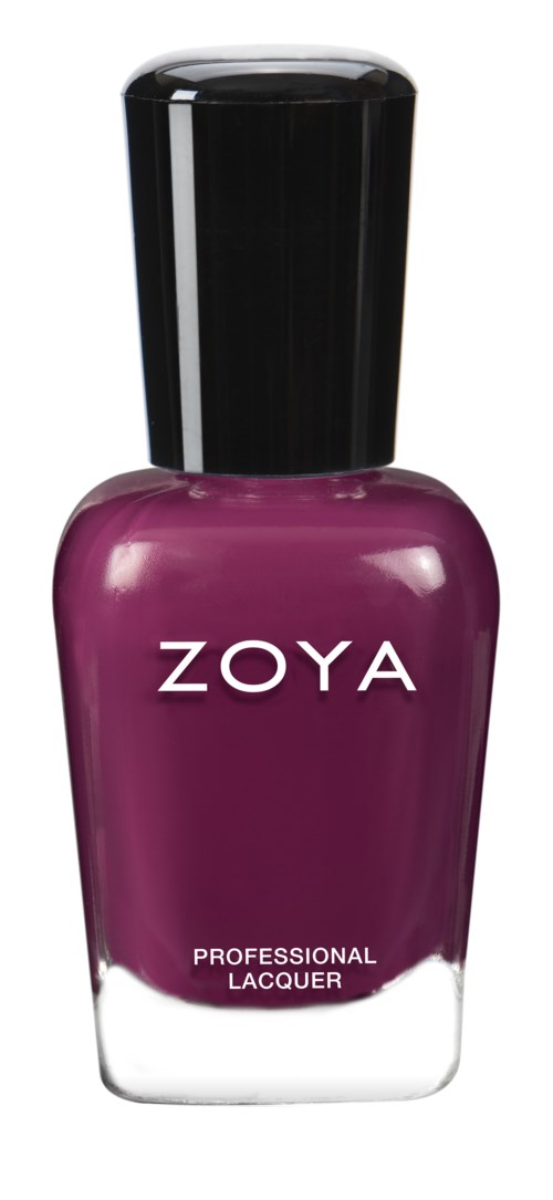 En lila flaska med Zoya nagellack med svart lock, märkt 'Professional Lacquer.'