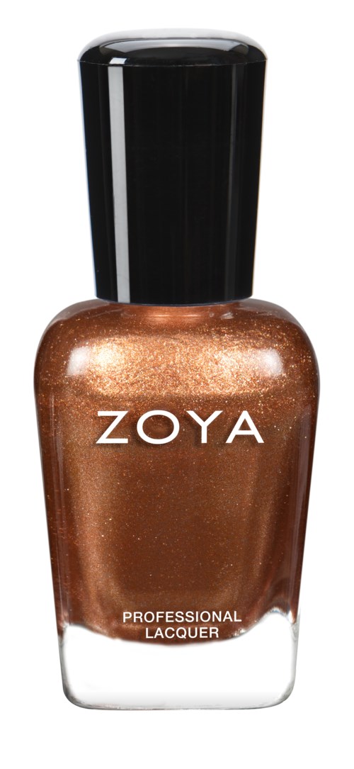 En bronsfärgad nagellackflaska med svart lock, märkt 'ZOYA' och 'PROFESSIONAL LACQUER' längst ner.