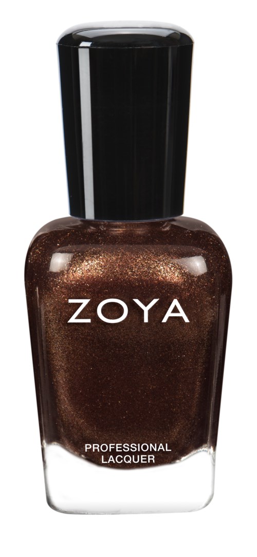 En flaska Zoya professionell nagellack i glittrig brunt färg med svart lock.
