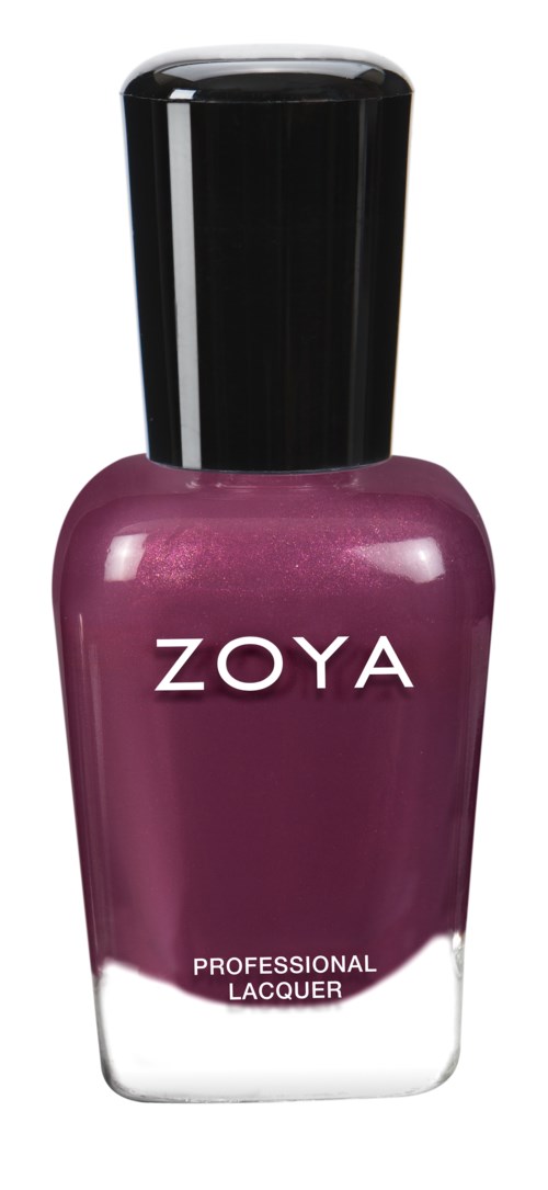 En lila flaska med Zoya professionell nagellack med svart lock.
