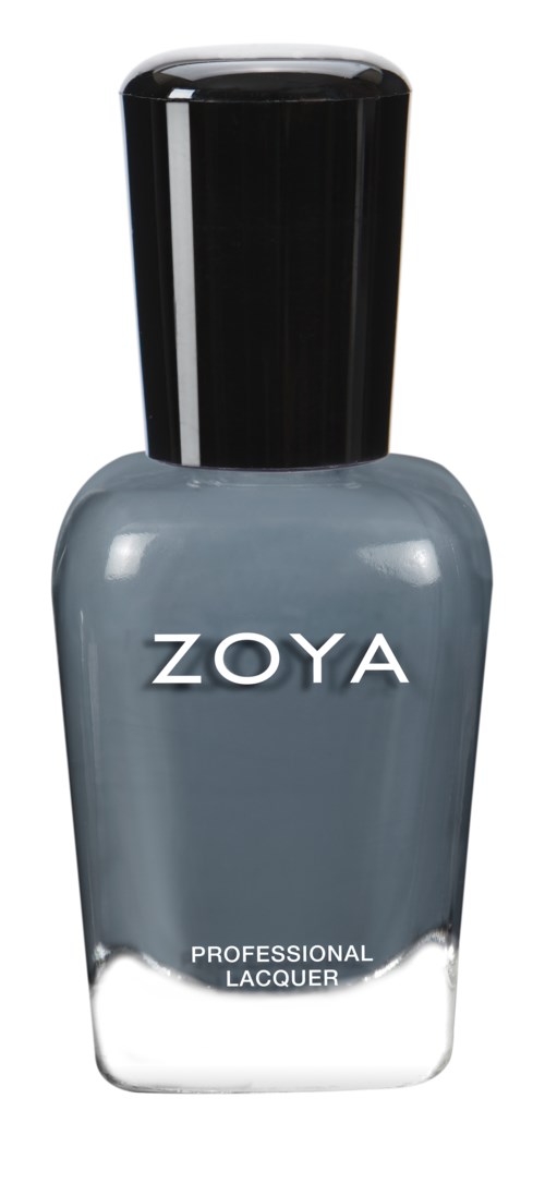 En grå nagellackflaska med svart lock märkt 'ZOYA' och 'PROFESSIONAL LACQUER.'
