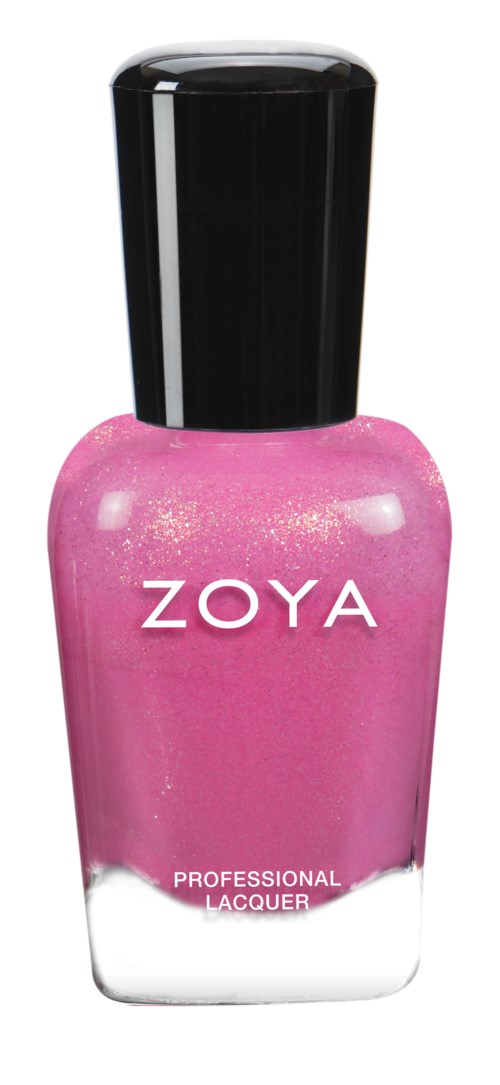 Ljusrosa glitternagellack med märket ZOYA och svart lock.