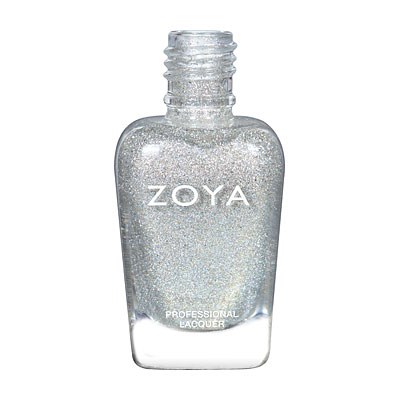 Eine Glasflasche mit glitzerndem klaren Nagellack, beschriftet 'ZOYA' und 'PROFESSIONAL LACQUER.'