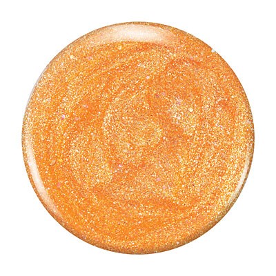 Eine runde, orange, glitzernde Badebombe mit glänzender Oberfläche und glitzernder Textur.