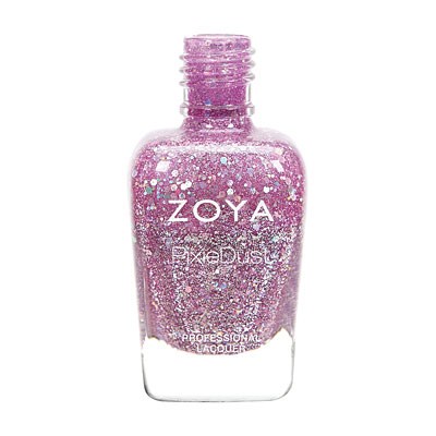Eine pinke Nagellackflasche mit Glitter, beschriftet Zoya, Expodust und professionell.
