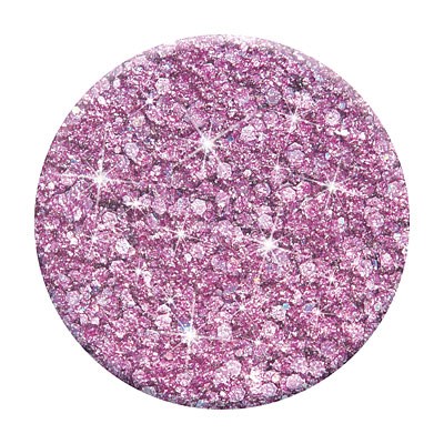 Ein runder rosa Gegenstand, bedeckt mit Glitter und funkelnden Elementen, sieht glänzend und dekorativ aus.