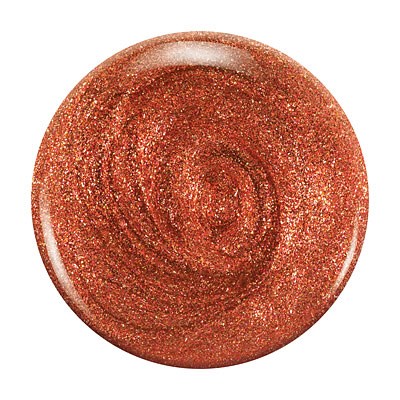 Ein runder, glitzernder, rot-orangefarbener Nagellack oder Farbe mit Wirbelmuster und funkelndem Effekt.